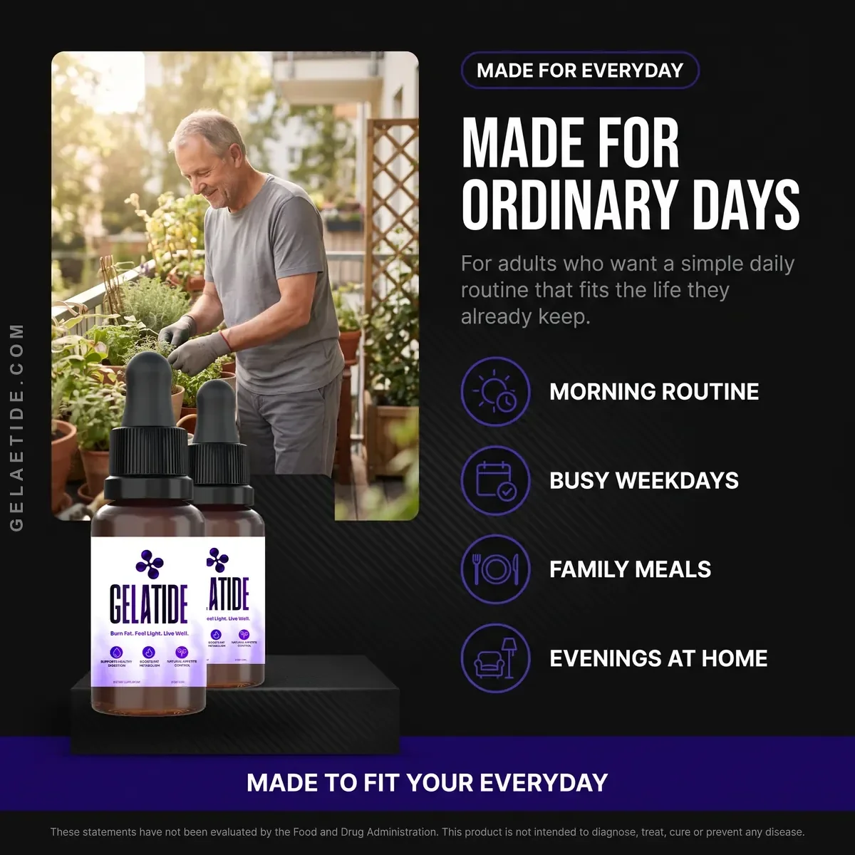 The seller's MADE FOR ORDINARY DAYS artwork: a man gardening on a balcony, two Gelatide bottles, and four panels reading morning routine, busy weekdays, family meals and evenings at home