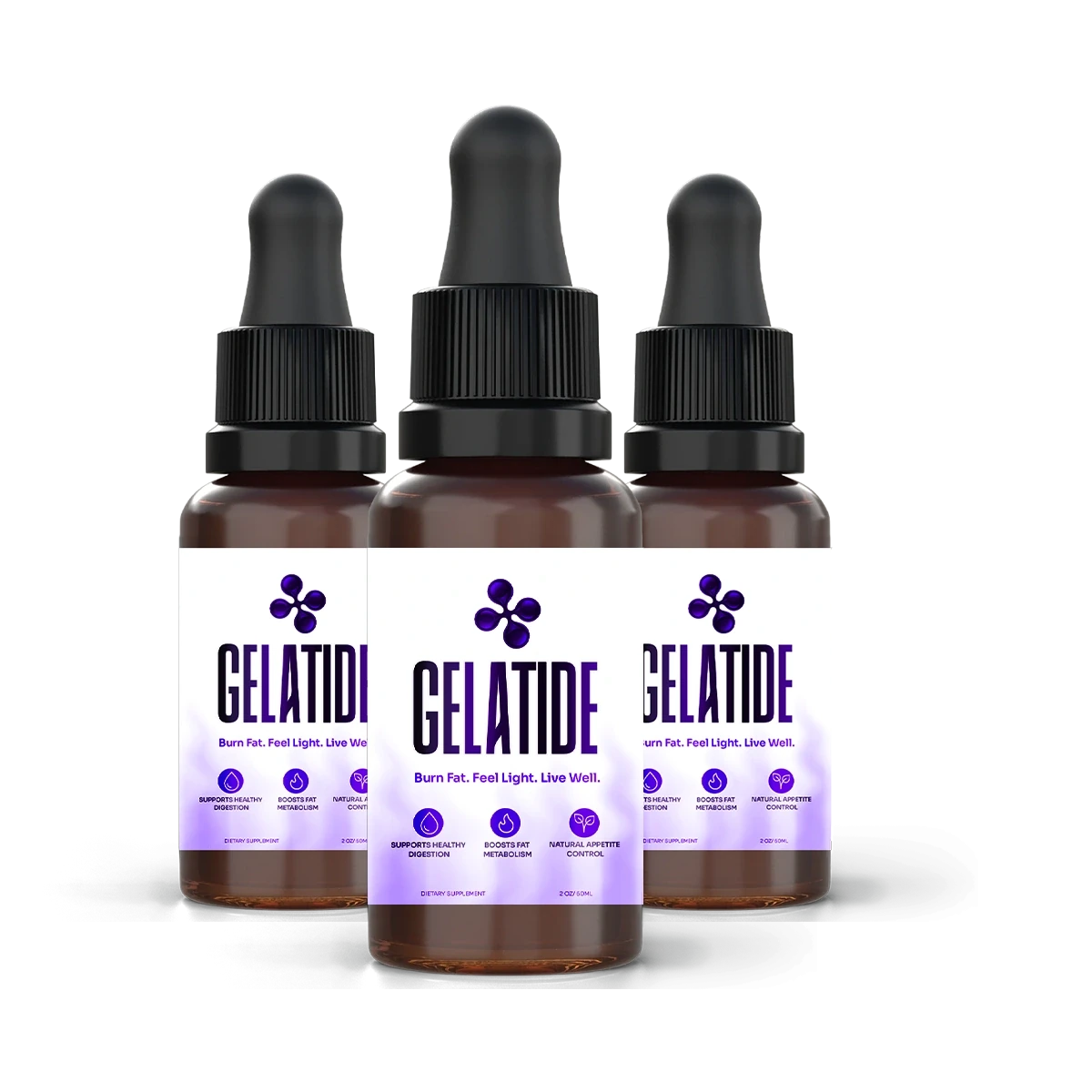 The Gelatide 3-bottle pack, amber dropper bottles with the violet label