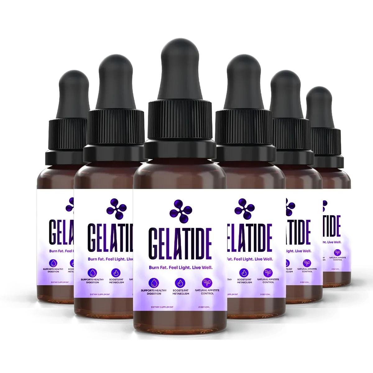 The Gelatide 6-bottle pack, amber dropper bottles with the violet label