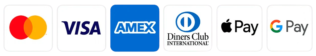 Mastercard, Visa, American Express, Diners Club, Apple Pay and Google Pay accepted at the seller&rsquo;s checkout